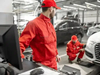 Meccanici con tuta rossa durante la revisione di un auto